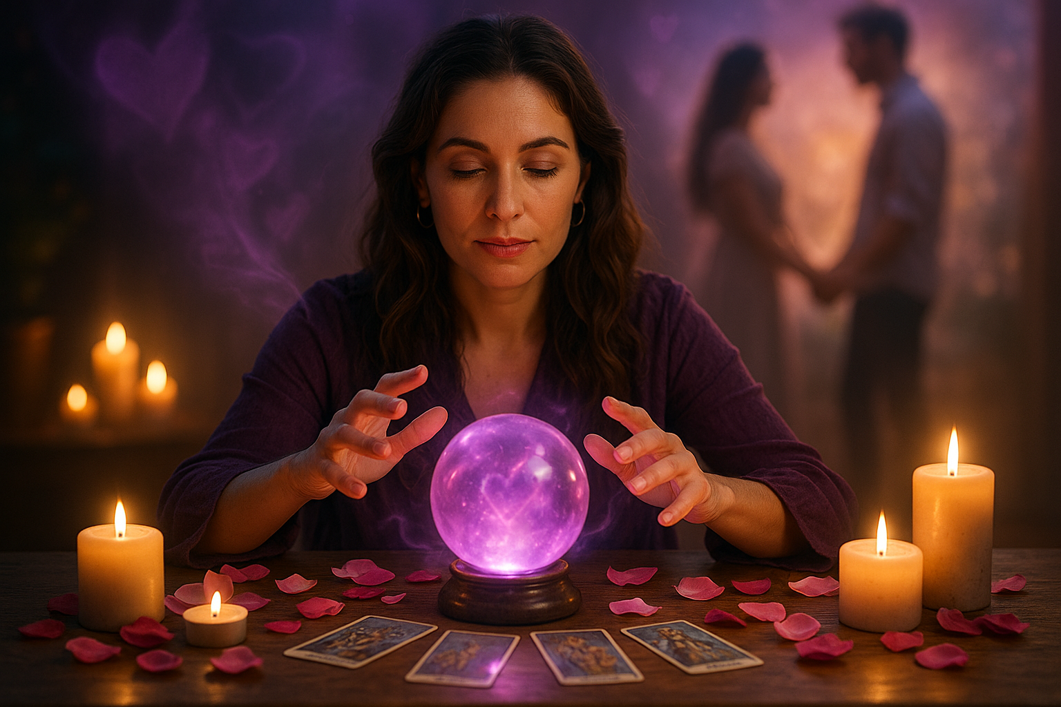 Psychic woman doing a love reading with a crystal ball and candles.